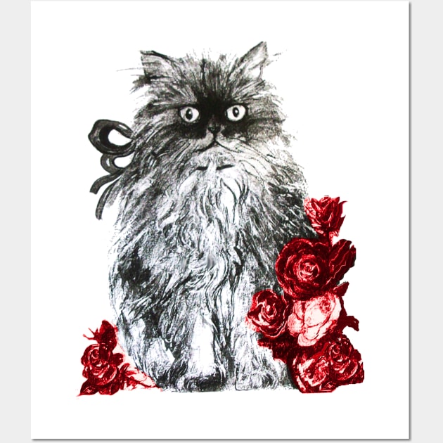 CAT KITTEN WITH RED ROSES ,Black and White Wall Art by BulganLumini